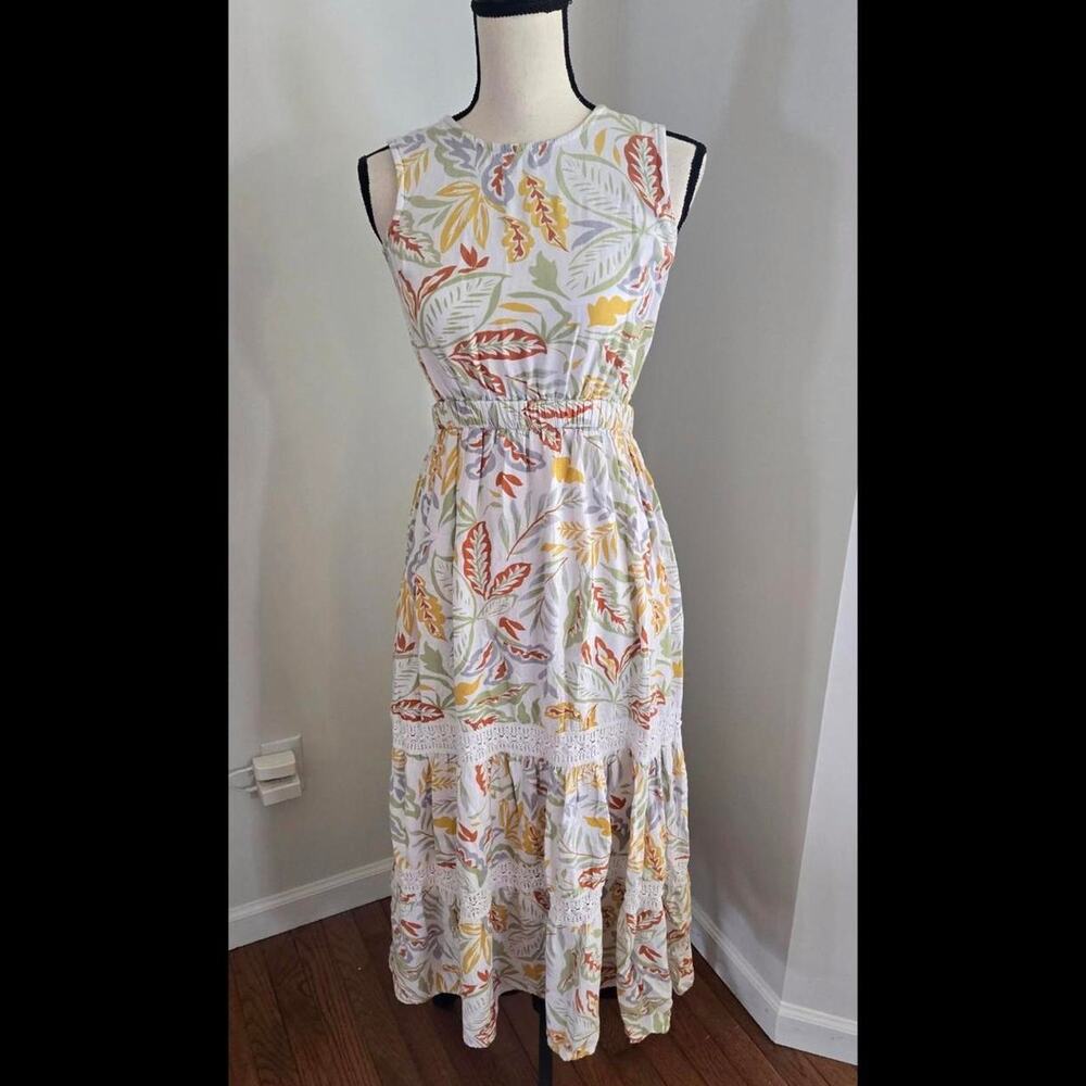 Jessica Simpson white cotton viscose rayon dress multicolored leaf print XS